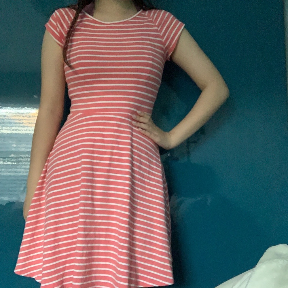 Coral and white striped dress w/ lapping open back